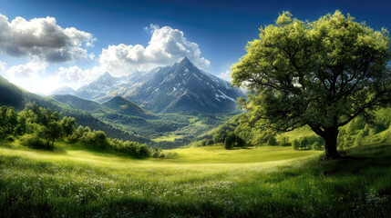 Fototapeta premium Snow-capped mountains rise majestically above a lush green valley filled with wildflowers and vibrant trees. The clear blue sky enhances the tranquility of this natural landscape.