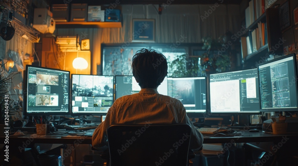 Aufkleber At a cozy workstation bathed in soft light, a programmer in casual attire focuses intently on multiple screens displaying lines of code and digital designs. The atmosphere feels inviting and creative