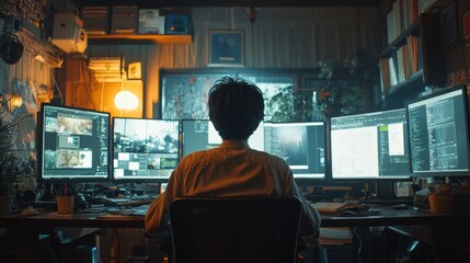 At a cozy workstation bathed in soft light, a programmer in casual attire focuses intently on multiple screens displaying lines of code and digital designs. The atmosphere feels inviting and creative