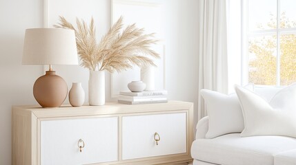 Stylish decorative sideboard with table lamps and soft furnishings in a bright living room