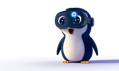 Obraz premium Cute penguin wearing VR headset, amazed expression.