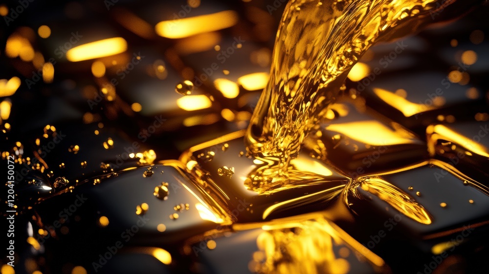 Poster Golden liquid flowing over shiny surface creating mesmerizing texture and reflections in a vibrant setting. Generative AI