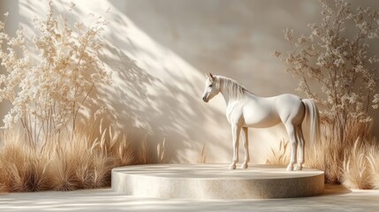 Elegant white horse sculpture on a circular pedestal surrounded by soft floral elements in a serene setting