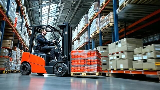 A forklift operator skillfully maneuvering a pallet of goods through a narrow aisle in a bustling warehouse