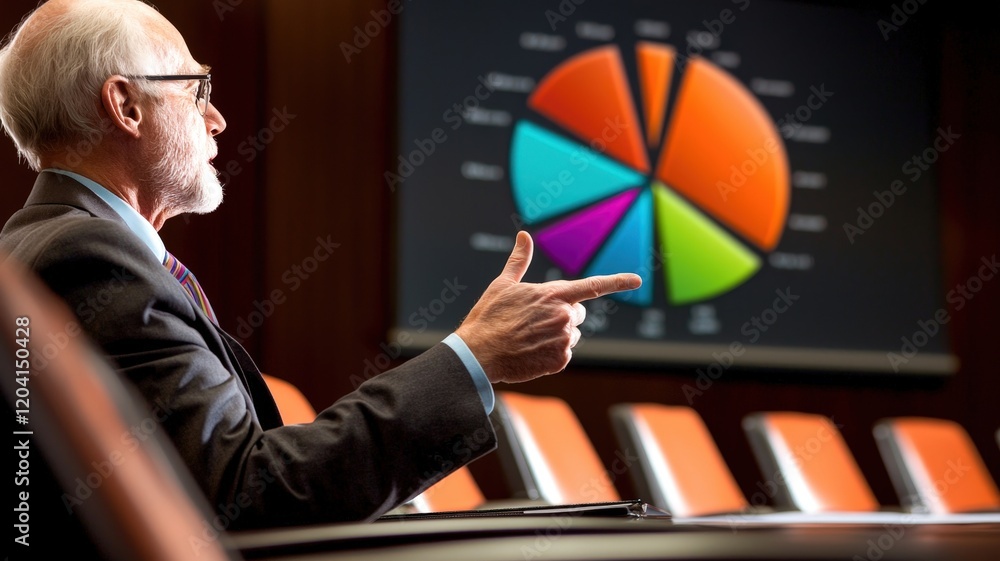 Poster a professional setting where a man gestures towards a colorful pie chart, suggesting a discussion or