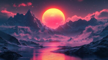 Fototapeta premium Majestic sunset over serene mountains and reflective water, creating a tranquil and vibrant landscape