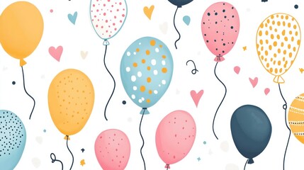 Colorful balloons with different designs and hearts floating against a white background perfect for a celebration