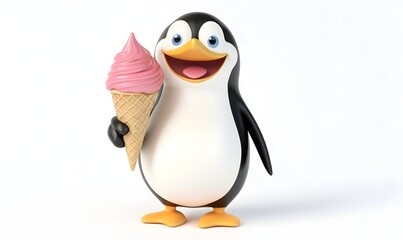 Happy cartoon penguin holding a pink ice cream cone.