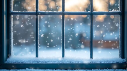 Naklejka premium Frosty winter window with snowflakes falling outside.