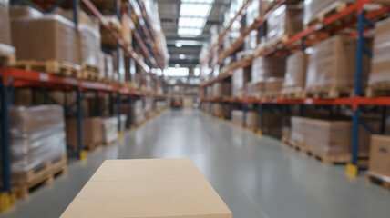 Fototapeta premium Large industrial warehouse with tall storage racks filled with cardboard boxes and pallets.