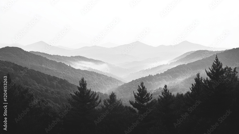 Poster soft mist blankets the mountain range, revealing misty peaks that blend into the horizon. majestic p