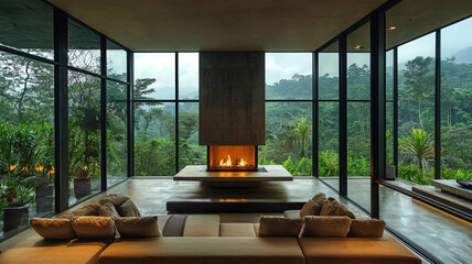 Fototapeta premium Modern Luxury Living Room with Fireplace, Glass Walls, and Scenic Forest View for Tranquil Relaxation