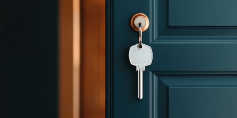 Modern door lock with keys hanging for secure home access