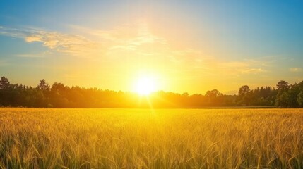 Obraz premium Golden sunrise over a vast wheat field with trees under a clear blue sky. Generative AI