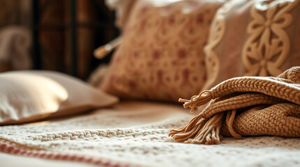 Obraz premium Cozy Autumn Bedroom Decor: Knit Blanket, Soft Pillows, and Warm Interior Design