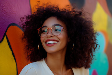 woman with curly hair on colorful background