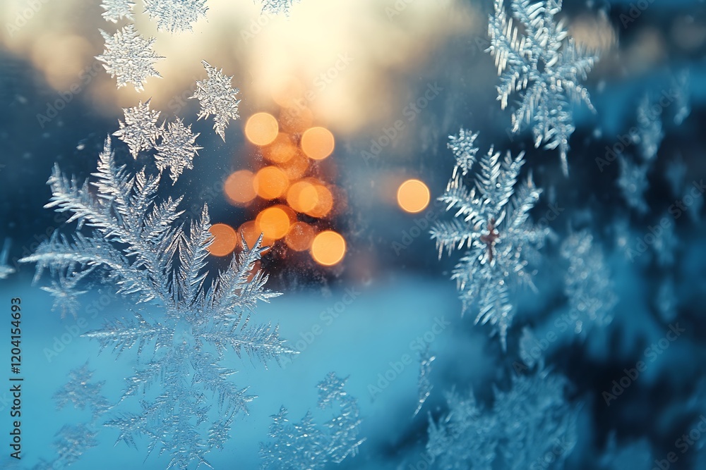 Poster intricate frost patterns on a windowpane with a blurred christmas tree and lights in the background.