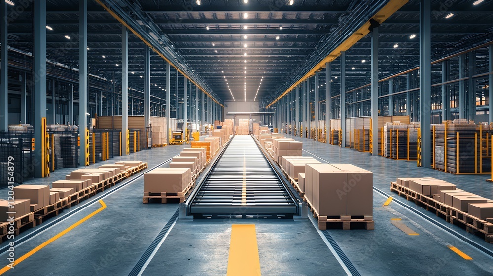 Poster modern processing facility with automated conveyor system in operation during the day