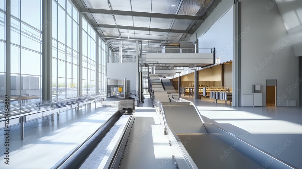 Poster modern processing facility with automated conveyor system in operation during the day