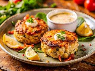 Tasty crab cakes with sauce on a plate. Delicious Food background 