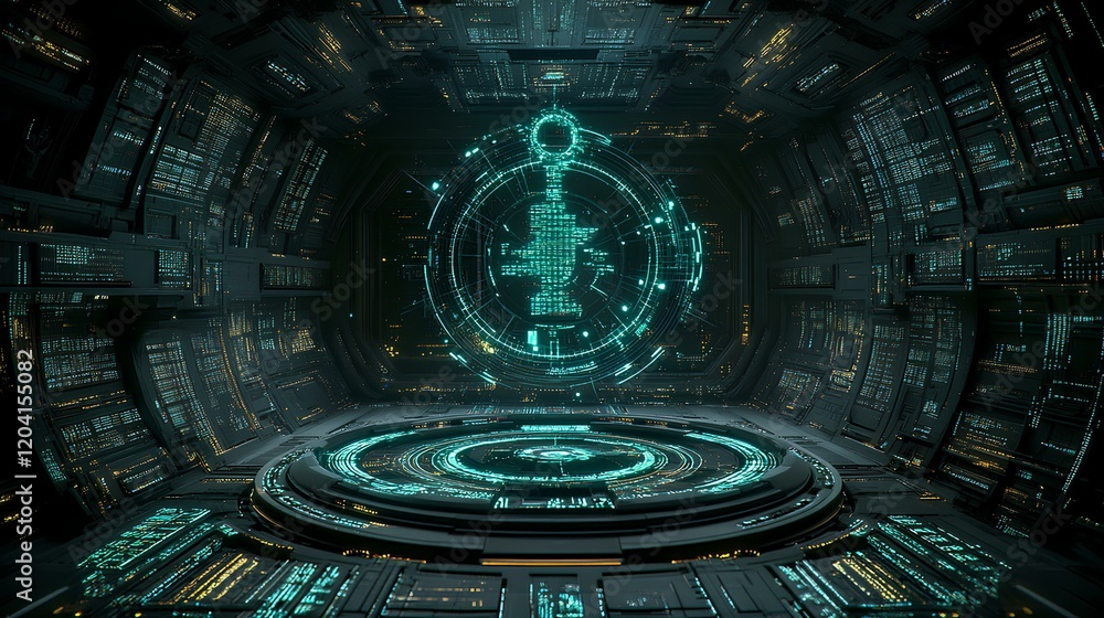 Poster scales of justice emerging from futuristic cityscape data flow with abstract particles