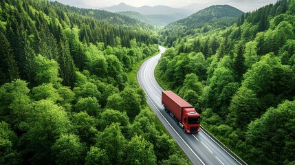 Aerial drone view of car and truck moving on highway road captured from top perspective 