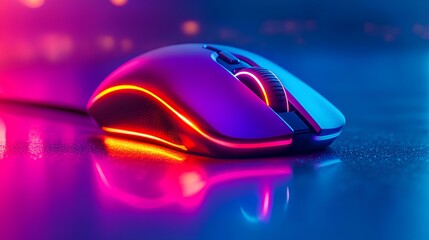 Close-up of a gaming mouse with RGB lighting on a  dark surface