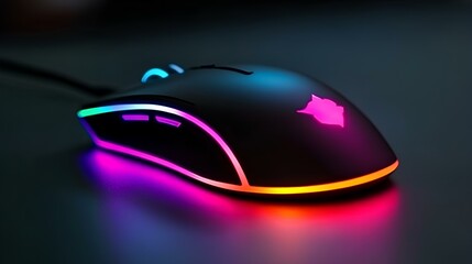 Close-up of a gaming mouse with RGB lighting on a  dark surface