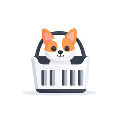 Cute cartoon style puppy sitting in a white basket with a black handle on a transparent background