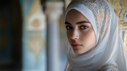 Young Woman Wearing an Ornate White Hijab