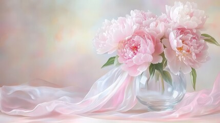 Gentle painting of pink peonies in a glass vase capturing spring's beauty and elegance