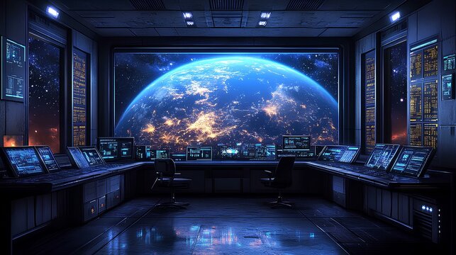 Futuristic space environment featuring a holographic Earth in a high-tech control room