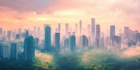 Fototapeta premium Modern city skyline against pastel sky