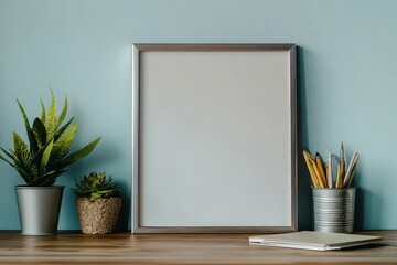 Creative workspace with blank frame, plant accents, and stationery organized on wooden desk against calming blue wall