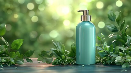 Teal liquid soap dispenser on a wooden surface, surrounded by lush green plants. 