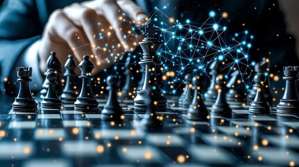 Businessman Playing Chess With King On Digital Network Graphic Overlay, Strategic Planning Concept 