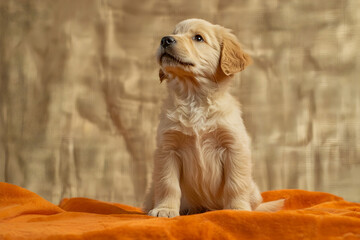 Obraz premium Golden retriever puppy sitting on orange, beige foreground