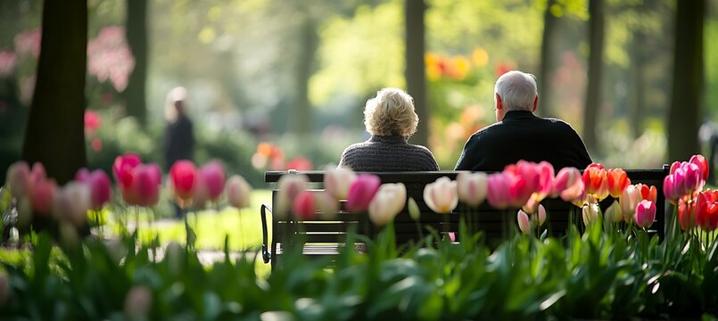 A couple sitting on a bench in a park, surrounded by blooming tulips