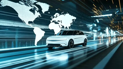 A clean white truck traveling at high speed on a futuristic expressway, with a transparent world map and data streams in the background - Powered by Adobe