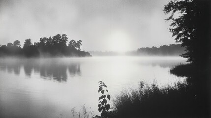 Fototapeta premium A beautiful sunrise over a peaceful lake, with mist rising from the water's surface.