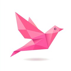 Pink origami bird in flight against white background, suitable for children's books or greeting cards