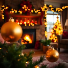 Cozy Christmas living room with fireplace, tree, and ornaments.