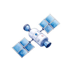 Cartoon Style Illustration of a Futuristic Satellite with Solar Panels and Space Background