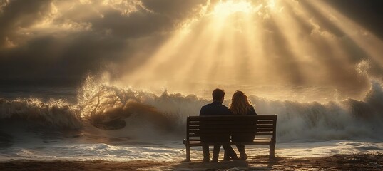 Obraz premium A couple sitting on a bench, watching the waves crash on the shore