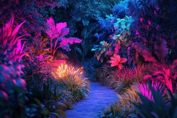 Obraz premium Neon Lit Tropical Path Through Lush Foliage