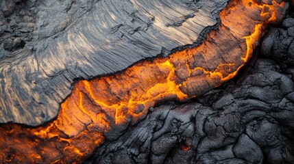 Fototapeta premium Molten lava flowing through solidified volcanic rock.