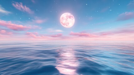 Glowing full moon illuminating serene ocean under a starry night sky