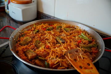 Fideuà with Artichoke, Pork Ribs, and Bell Peppers