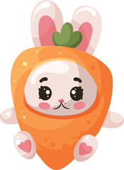 Cute bunny in carrot costume. Vector illustration for poster, banner, card, postcard.