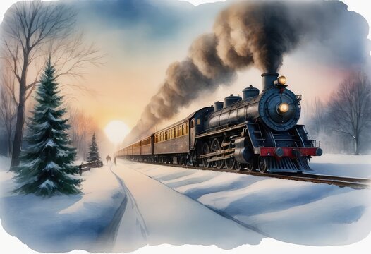 A train is currently moving down the snowy tracks, creating a picturesque scene